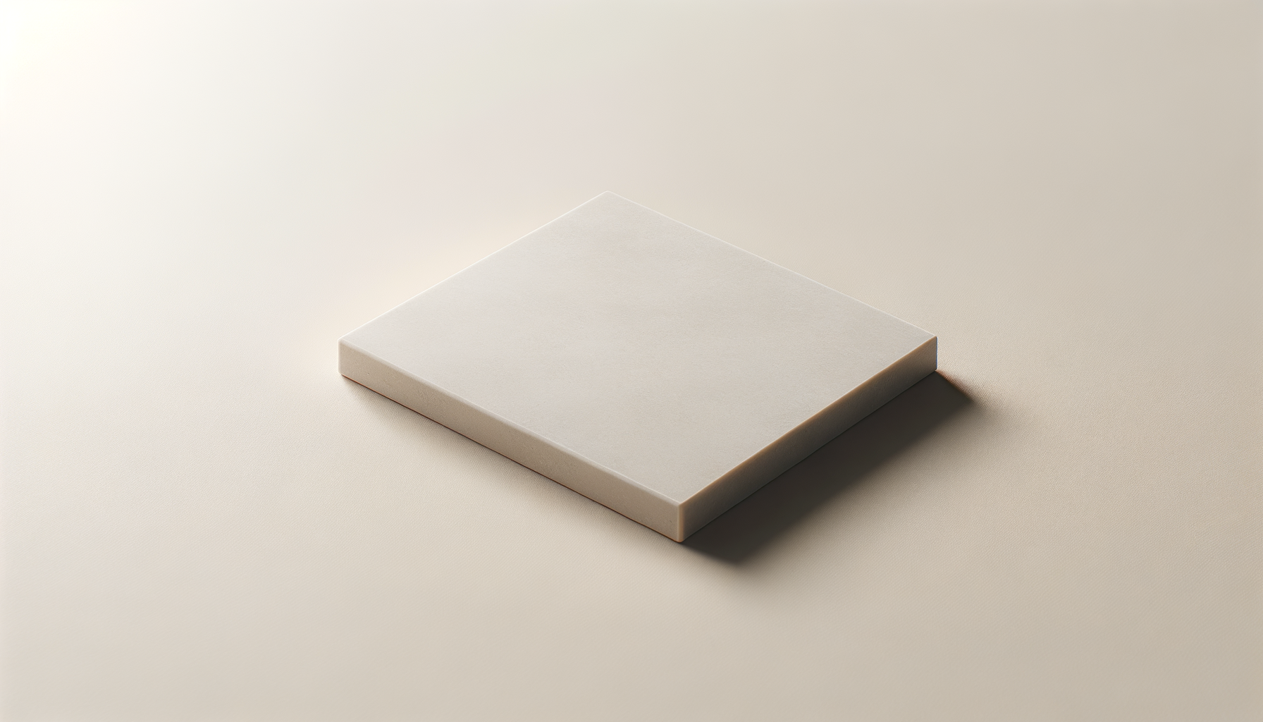 A blank white square tile on a beige surface with soft lighting.
