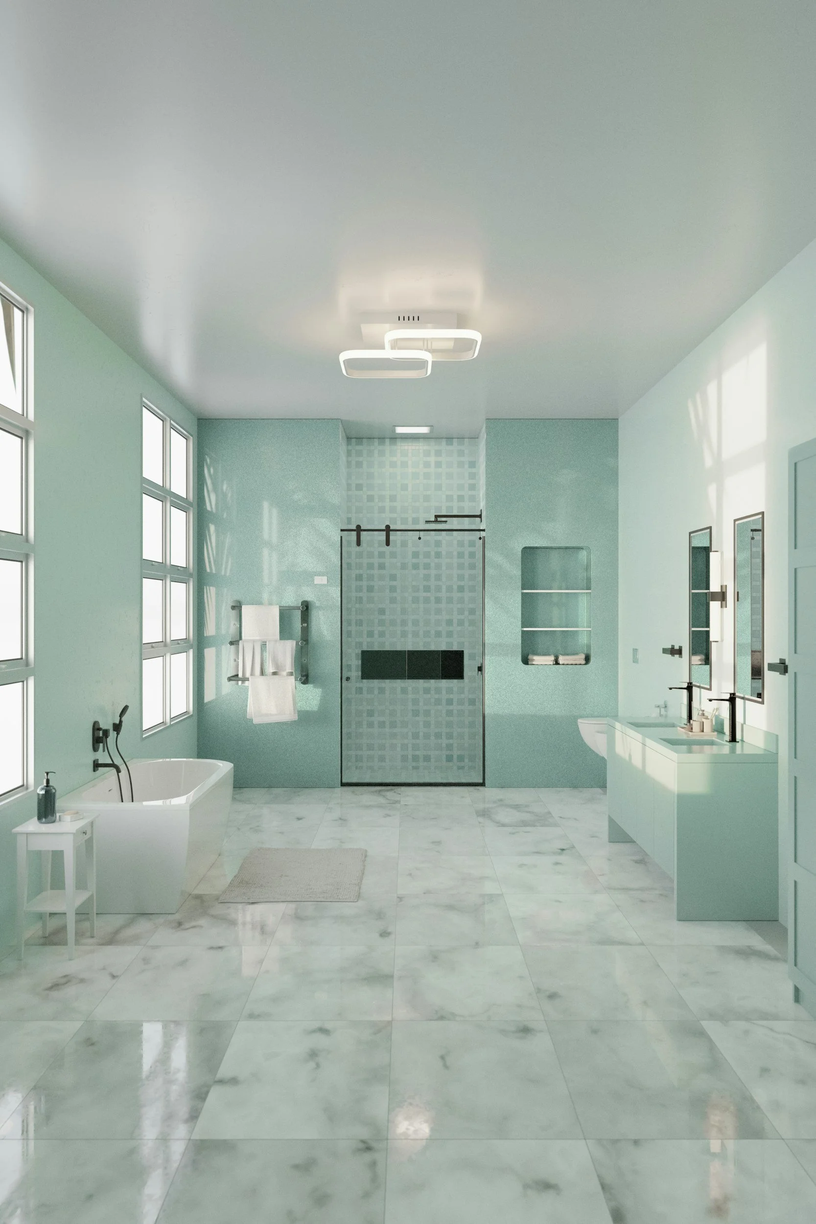 Modern bathroom with large marble tile floor, mint green walls, a bathtub, a walk-in shower with glass door, double vanity with mirrors, and built-in shelving.