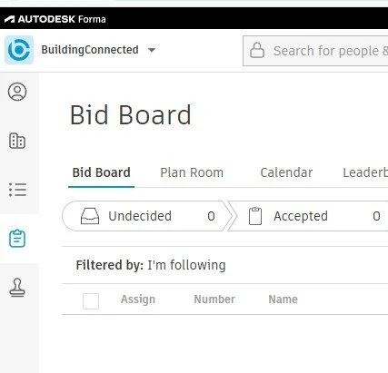 Screenshot of a digital bid board interface with options for Bid Board, Plan Room, Calendar, and Leadership, showing sections for undecided and accepted bids, filtered by the user.