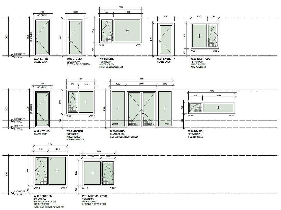 Architectural blueprint of a house, showing window and door layouts for various rooms, including entry, studio, laundry, bathroom, kitchen, dining, bedroom, and multi-purpose spaces with measurements and specifications.