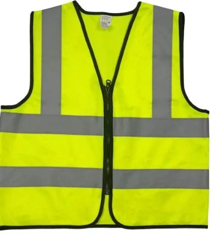 High-visibility safety vest with reflective stripes, yellow color, and front zipper.