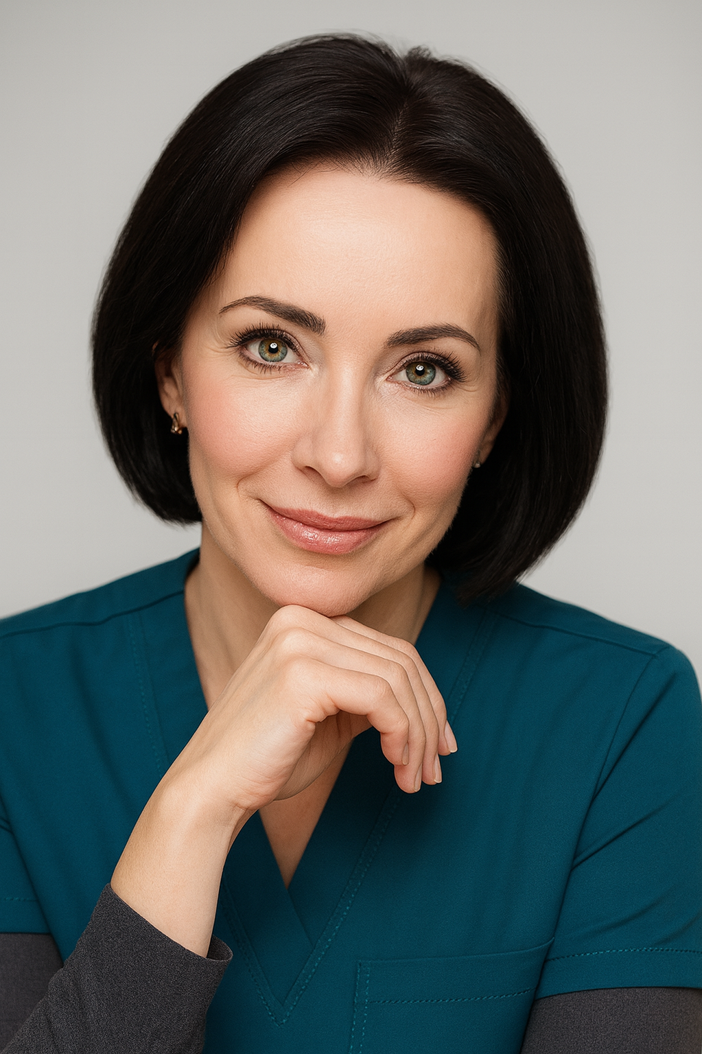 Portrait of a woman with short dark hair, wearing blue medical scrubs, looking at the camera and resting her chin on her hand, smiling softly.