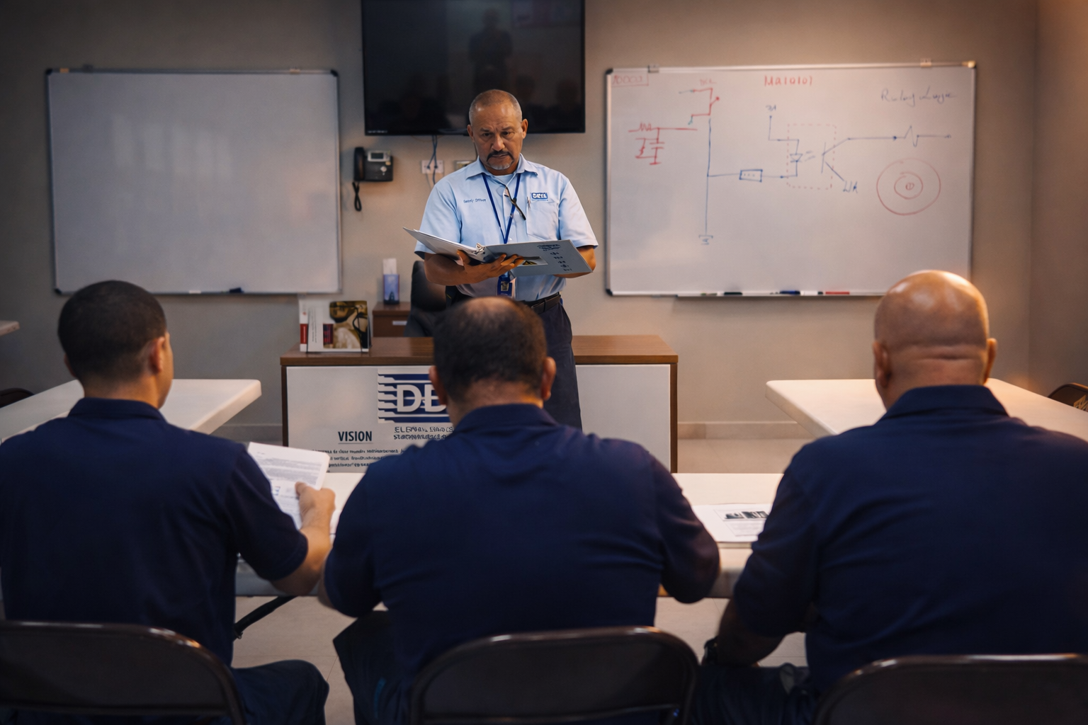 Hombre de pie frente a una pizarra con diagramas, enseñando a un grupo de hombres sentados en una sala de clases.