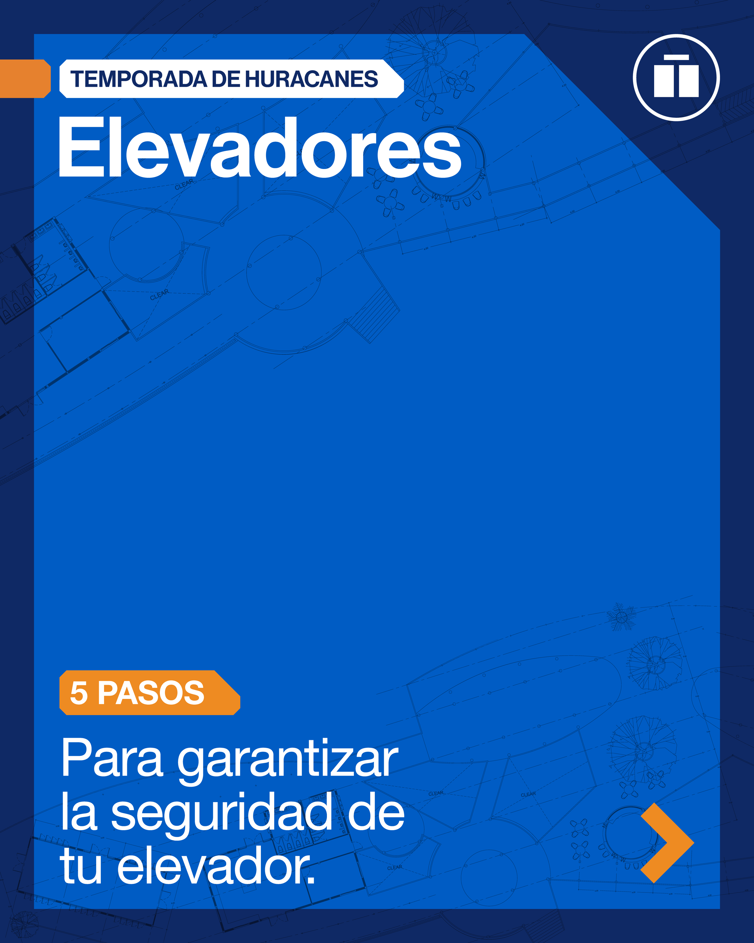 Cuadro de información sobre la temporada de huracanes, enfocado en elevadores, en español, con pasos para garantizar seguridad, con un fondo azul con planos arquitectónicos y un icono de elevador en la esquina superior derecha.