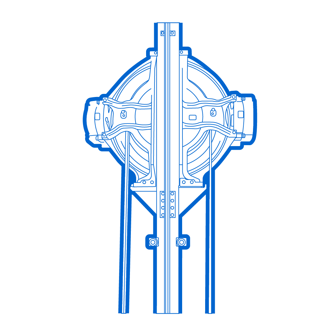 Dibujo técnico de un sistema de aerogenerador visto desde abajo, mostrando las palas y estructura interna.