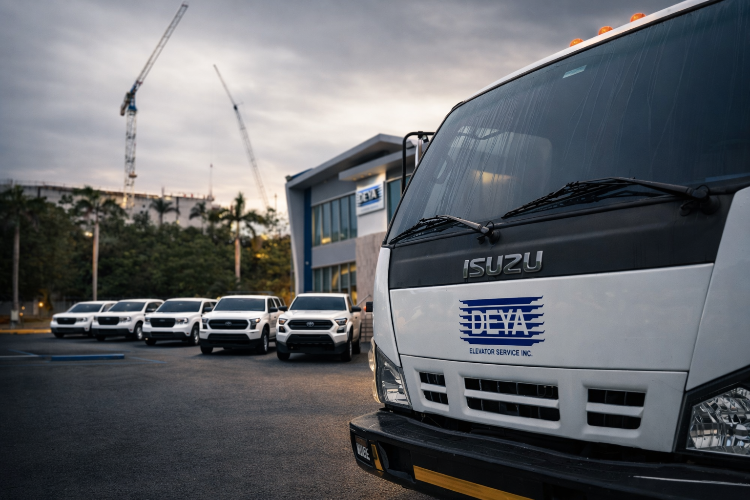 Camión de servicio de elevador con logos de DEYA y Isuzu, con varios autos blancos en un estacionamiento, edificio de oficinas y grúas en construcción en el fondo, al atardecer.