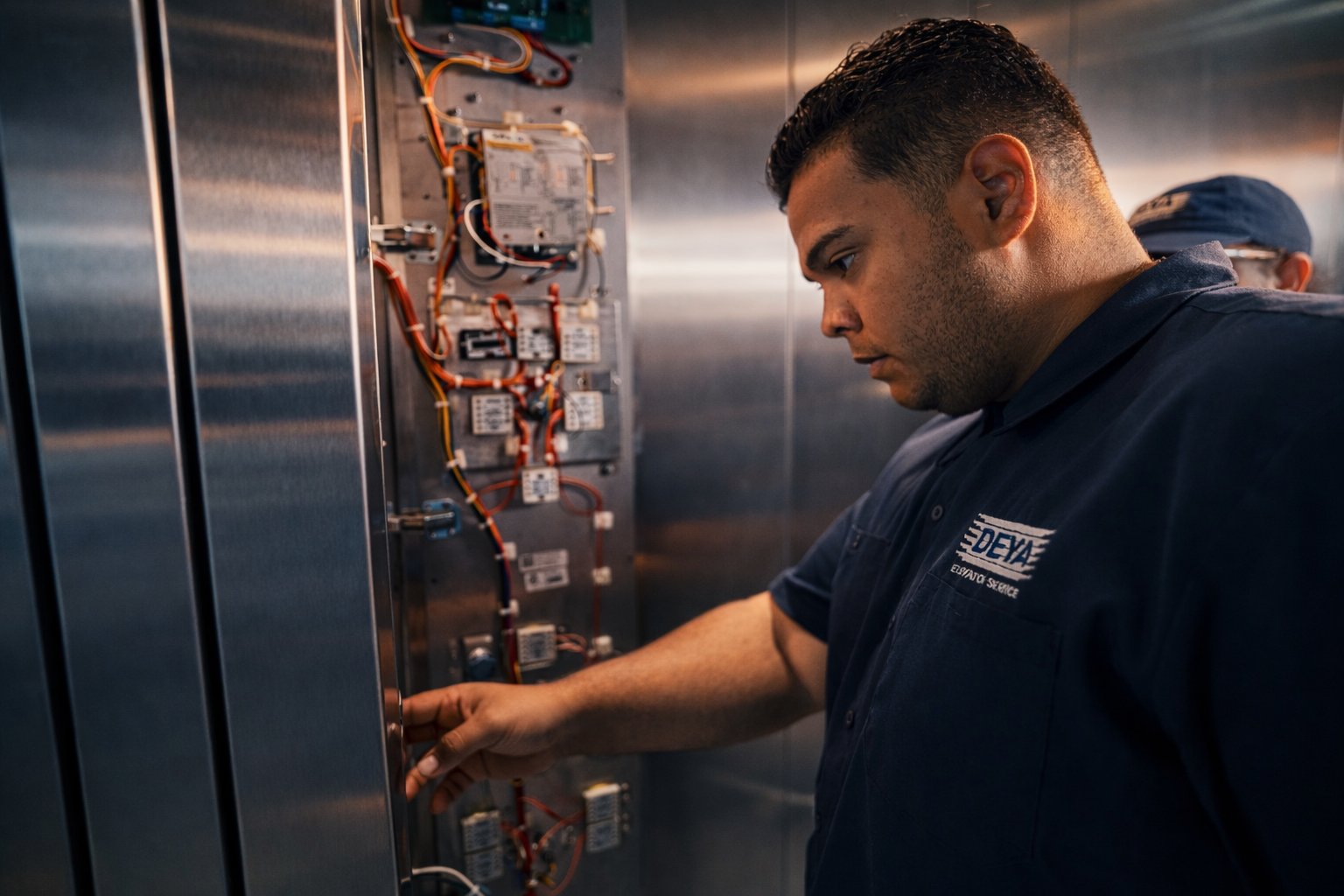 Técnico trabajando en una máquina eléctrica o panel de control, revisando componentes internos en un entorno industrial.