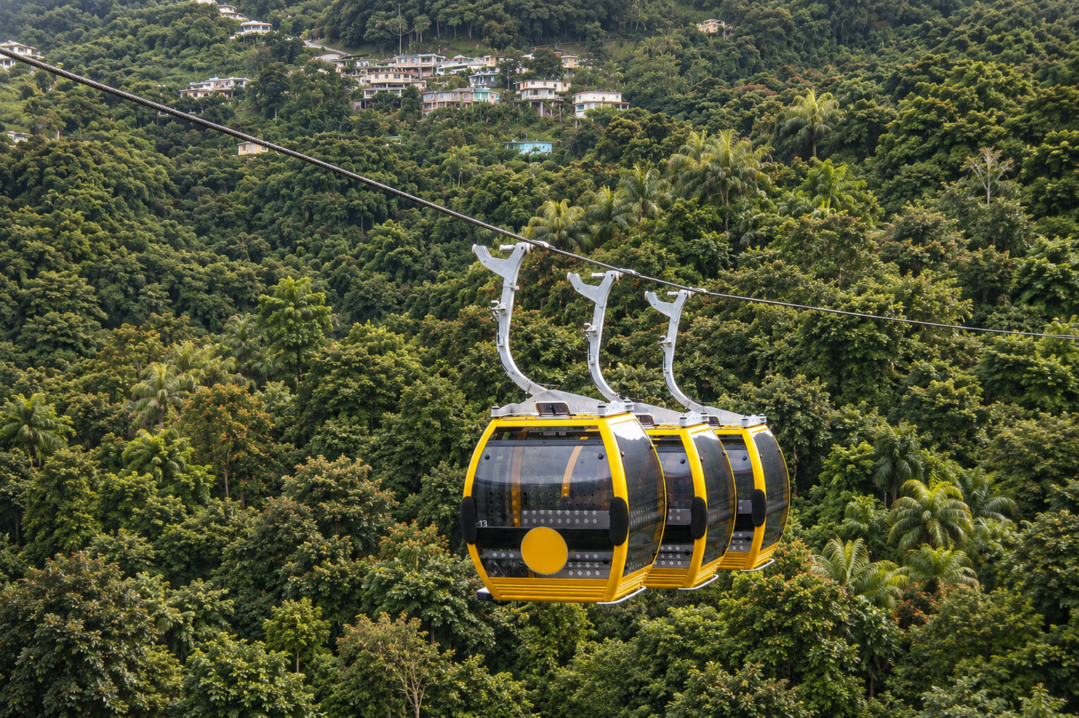 Teleférico en medio de una selva verde con casas en las colinas.