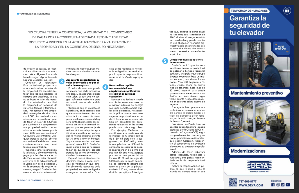 artículo de revista sobre mantenimiento preventivo de elevadores y seguridad en caso de huracanes