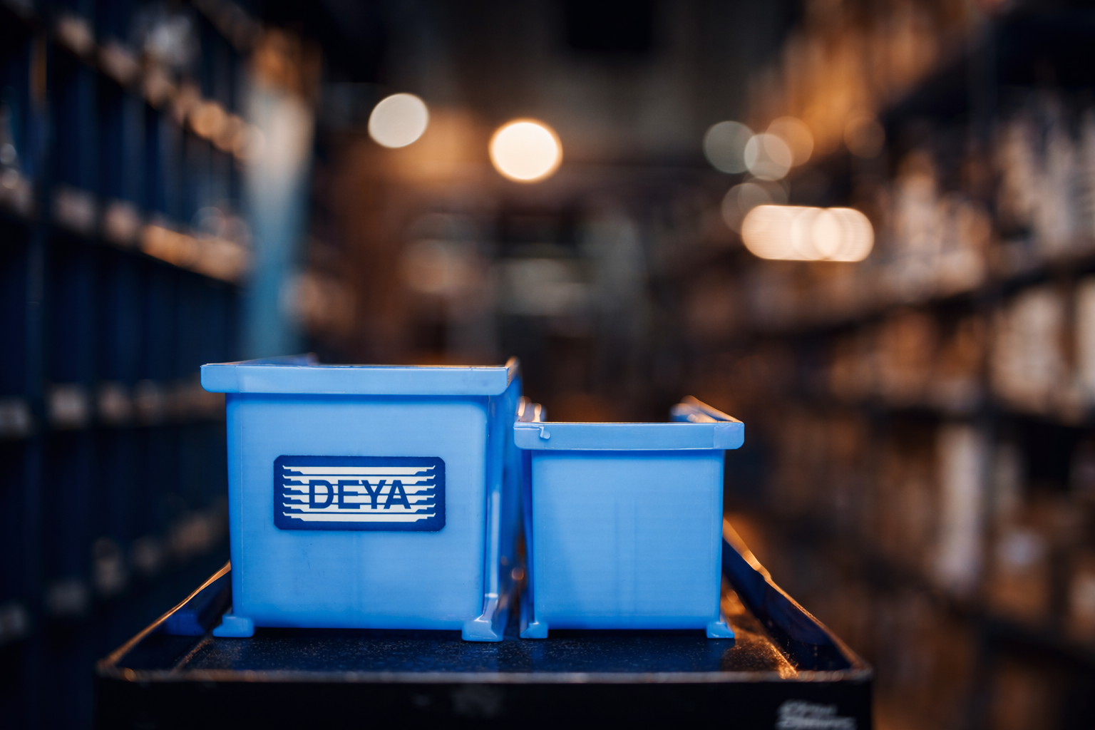 Dos cajas azules con etiqueta que dice 'DEYA' en una estantería, con un fondo difuso y luces cálidas en una tienda o almacén.
