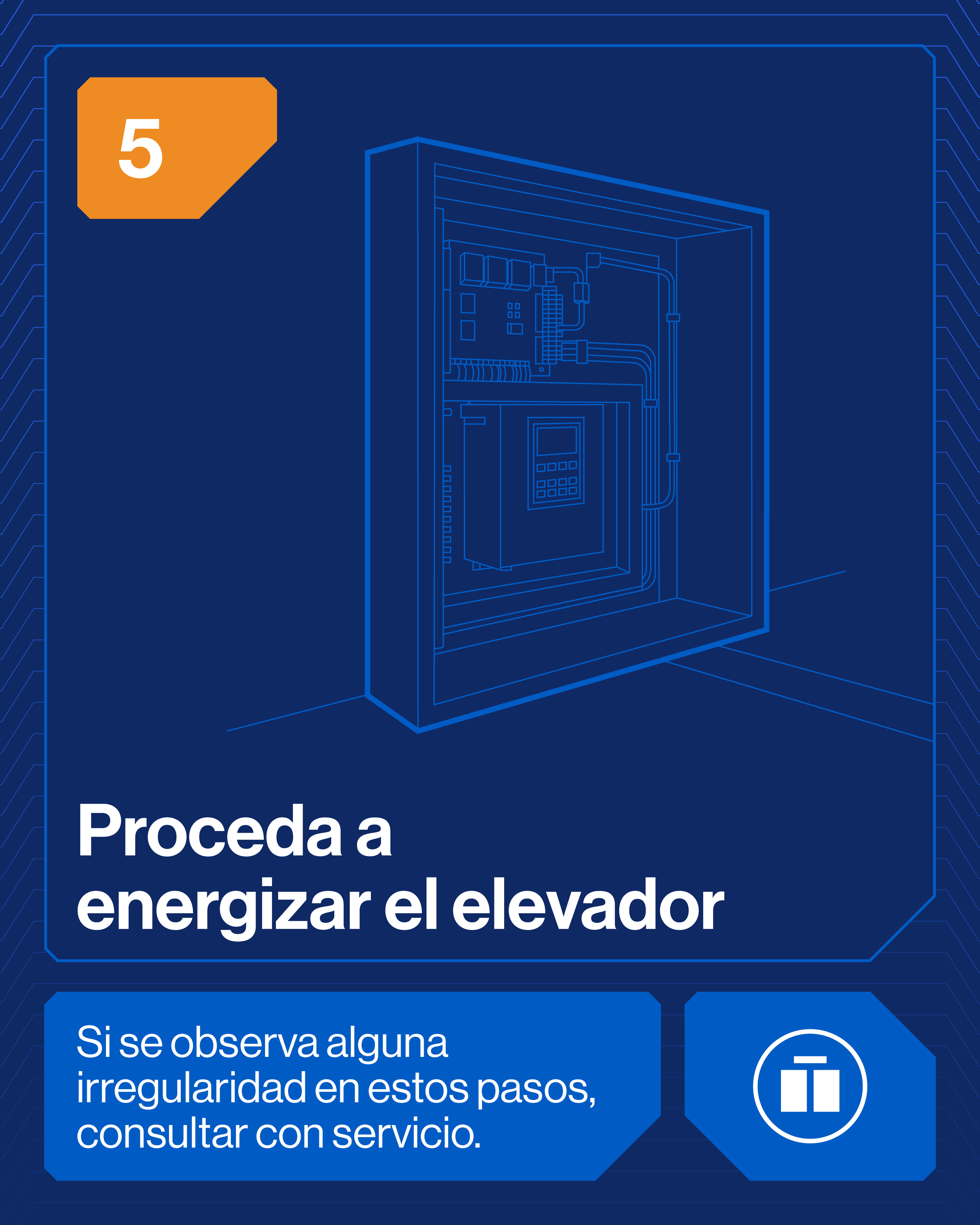 Instrucciones para energizar y proceder con el elevador, indicando que si se observa alguna irregularidad en los pasos, consultar con el servicio técnico.
