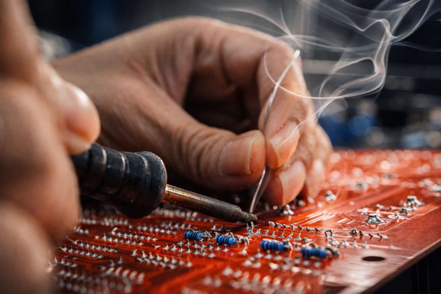 Una persona solda componentes electrónicos en una placa de circuito impreso, con humo elevándose de la soldadura.