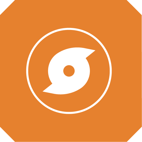 Logotipo de una compañía en forma de círculo con un diseño en espiral y fondo naranja