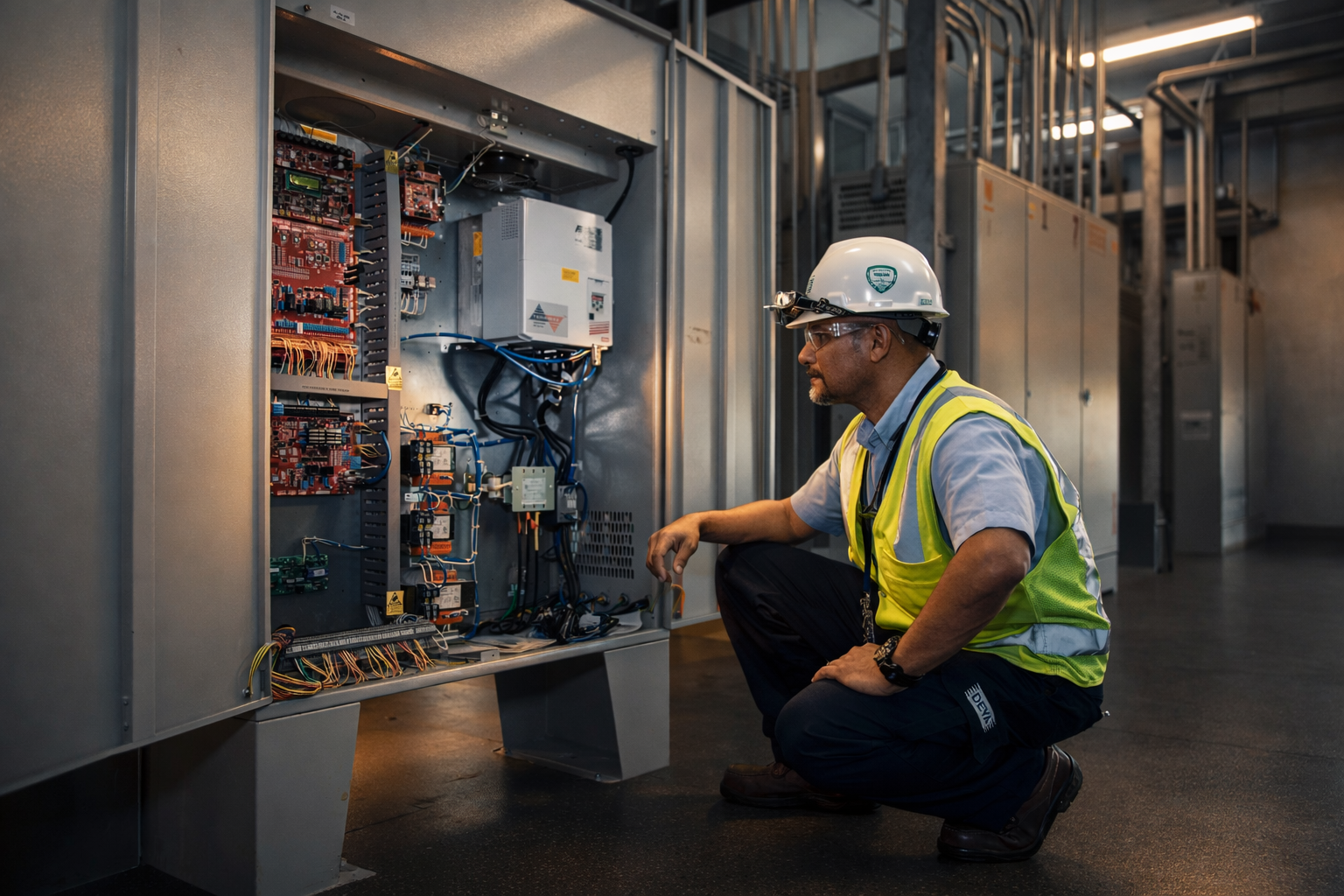 Un técnico con cascos y chaleco revisa un panel eléctrico Industrial.