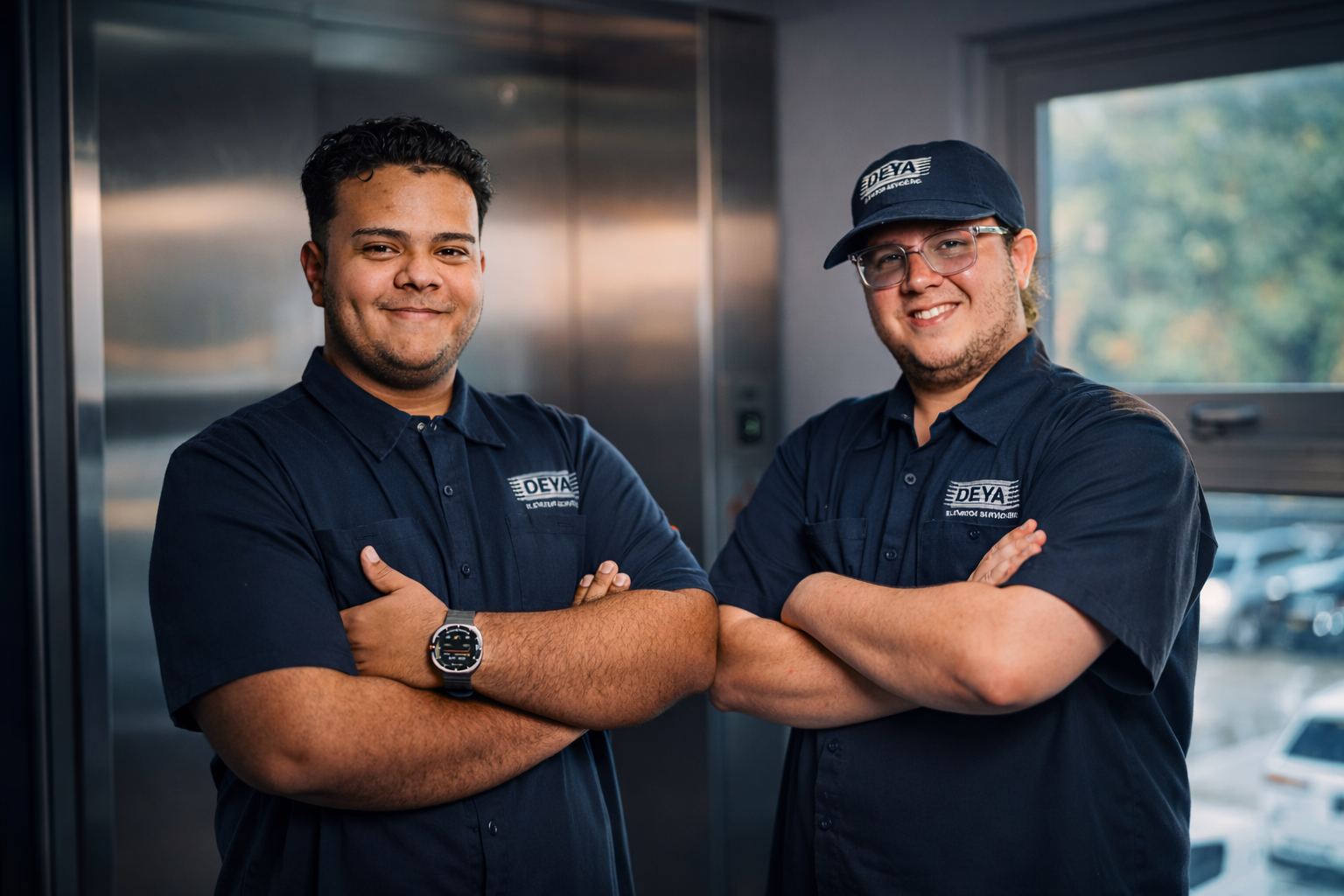 Dos hombres con uniformes oscuros, uno con gorra y el otro con reloj, sonriendo y con los brazos cruzados en un entorno que parece un área de trabajo o oficina.
