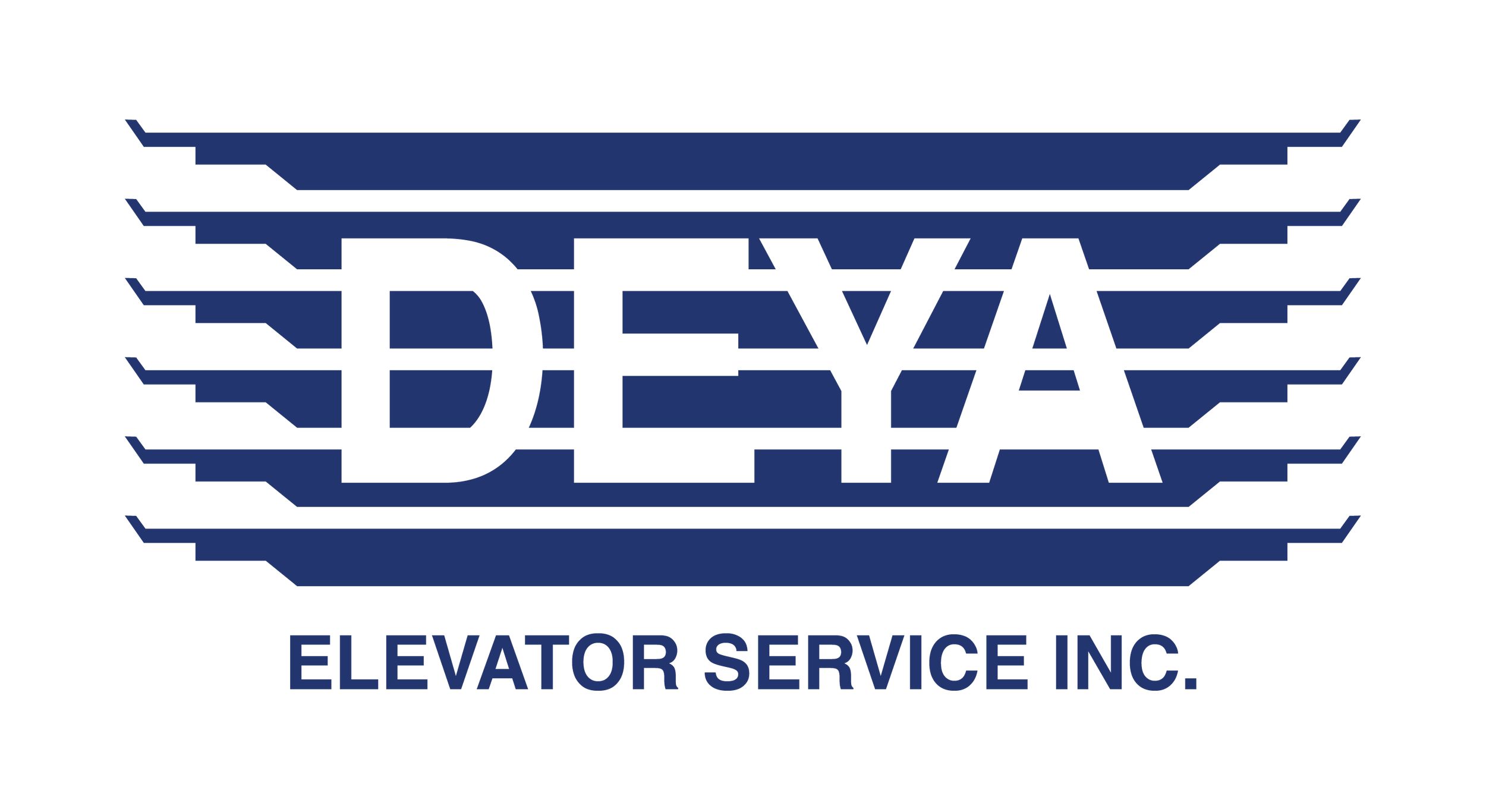 Logotipo de la empresa Elevator Service Inc., en azul, con un gráfico que parece un elevador estilizado y el texto debajo.