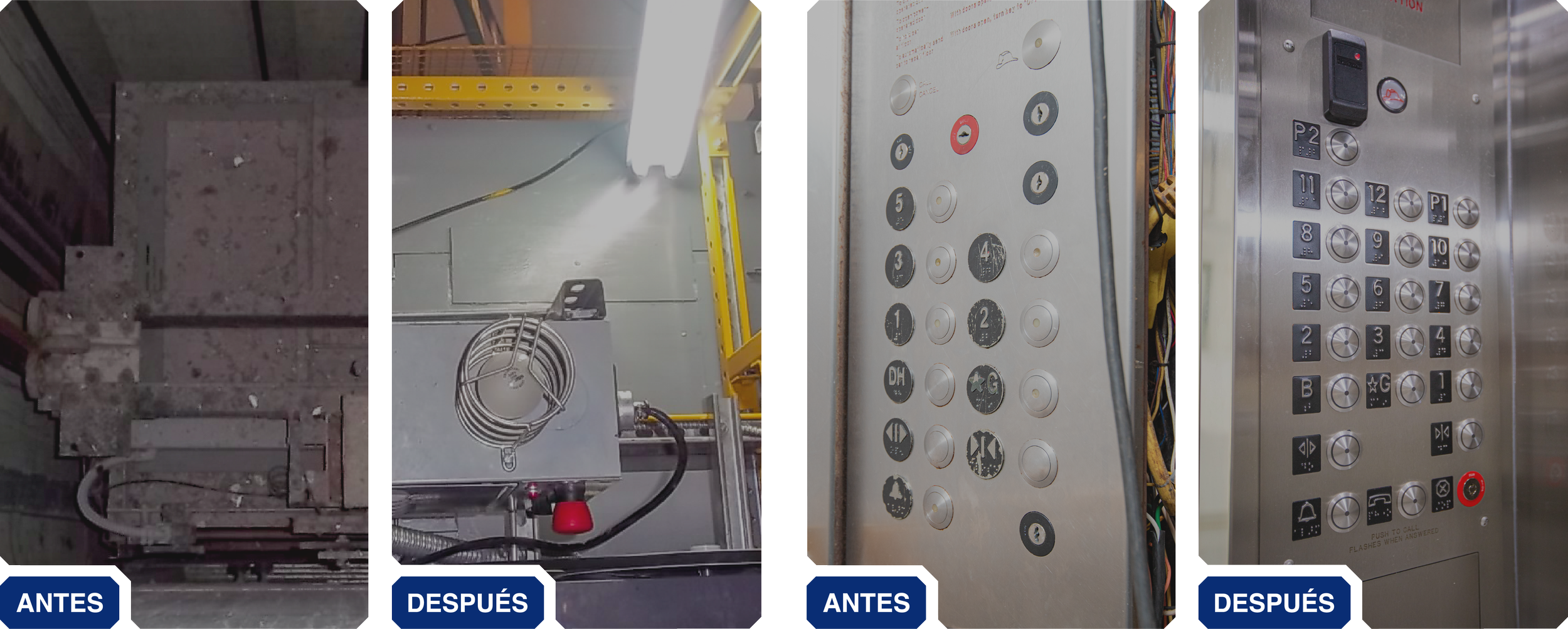 Comparación de paneles de ascensor: la primera imagen muestra un panel sucio y deteriorado, mientras que la segunda muestra un panel limpio y reparado.