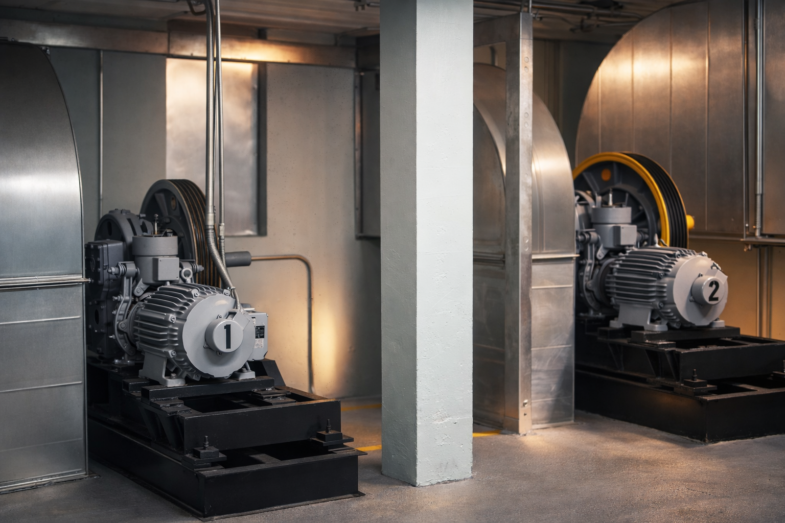 Dos motores eléctricos industriales etiquetados con los números 1 y 2, instalados en una sala de máquinas con paredes de metal y tuberías.