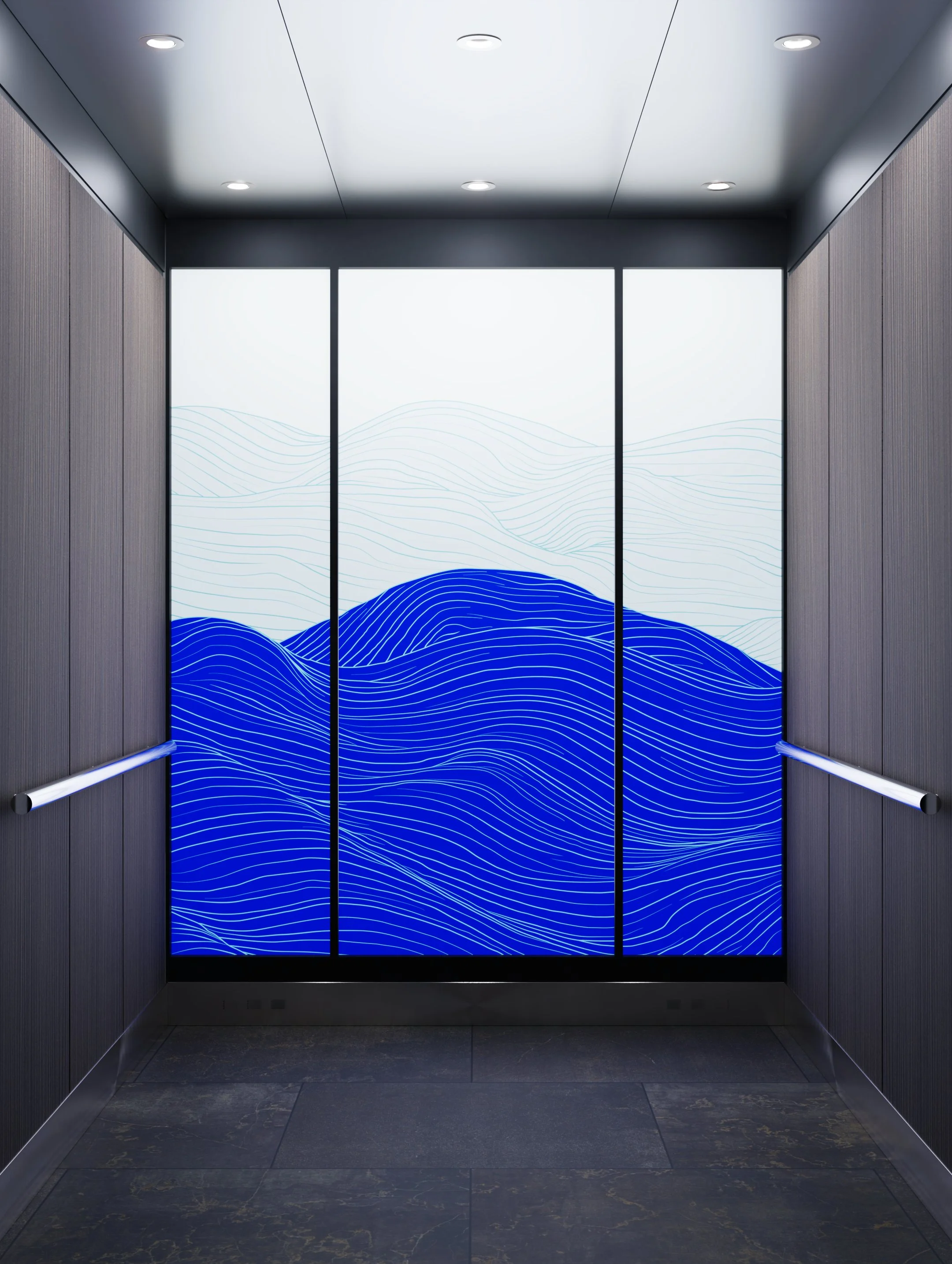 Puerta de ascensor con diseño de ondas azules y fondo blanco, paredes de madera y techo con luces empotradas.