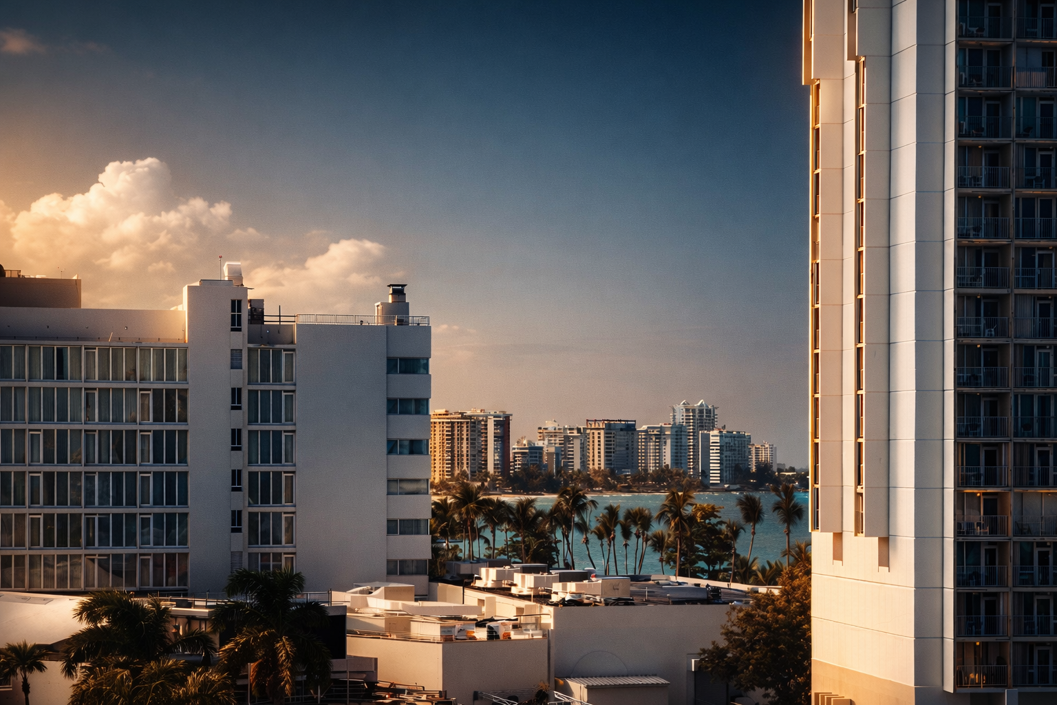 Vista de edificios modernos a orillas de un cuerpo de agua, con palmeras y un cielo con nubes y atardecer en el fondo.