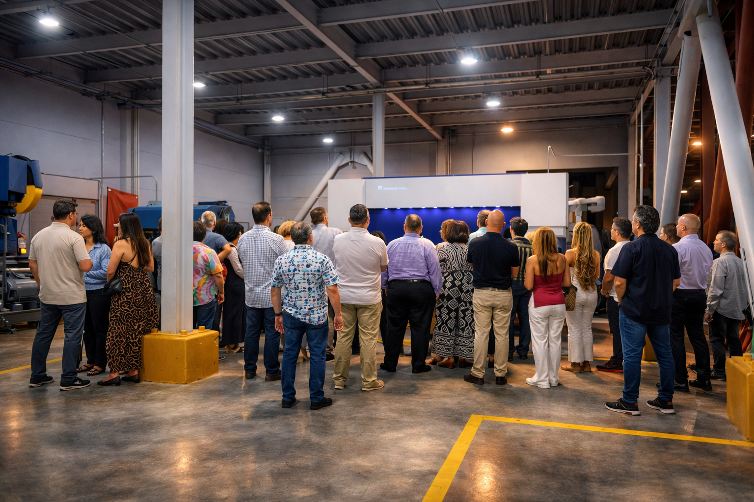 Grupo de personas asistiendo a una presentación en un entorno industrial o de fábrica, viendo una pantalla gigante