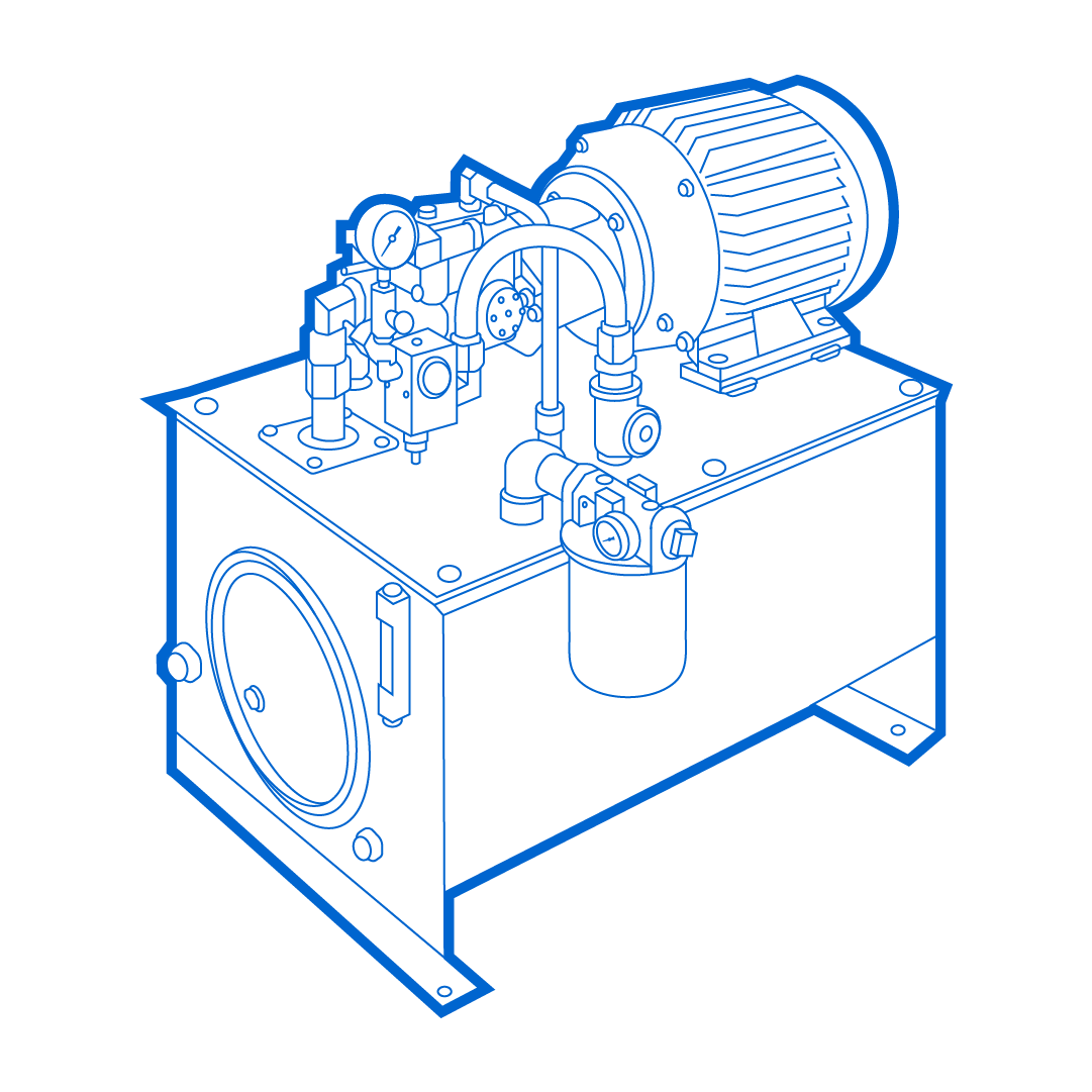 Dibujo técnico de una máquina o compresor con componentes de tuberías, motor y filtro en una base rectangular.
