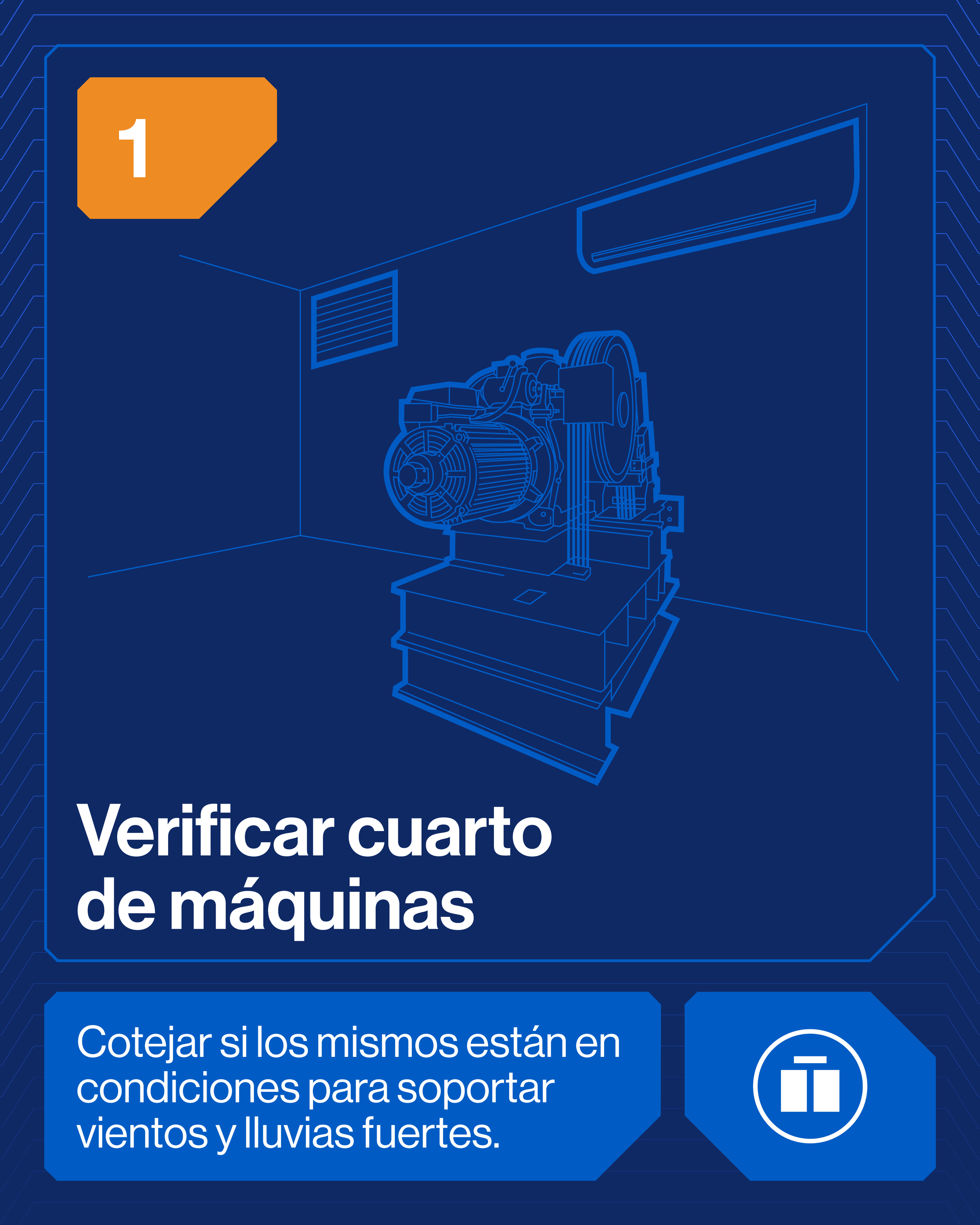 Instrucciones para verificar el estado de una máquina, con un icono de ti, en fondo azul con detalles tecnológicos y texto en español.