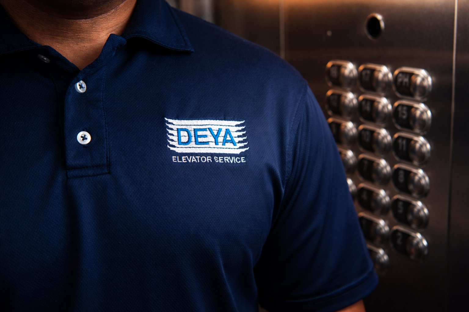 Persona con camiseta azul con logotipo que dice 'DEYA Elevador Service' junto a botones de un ascensor.