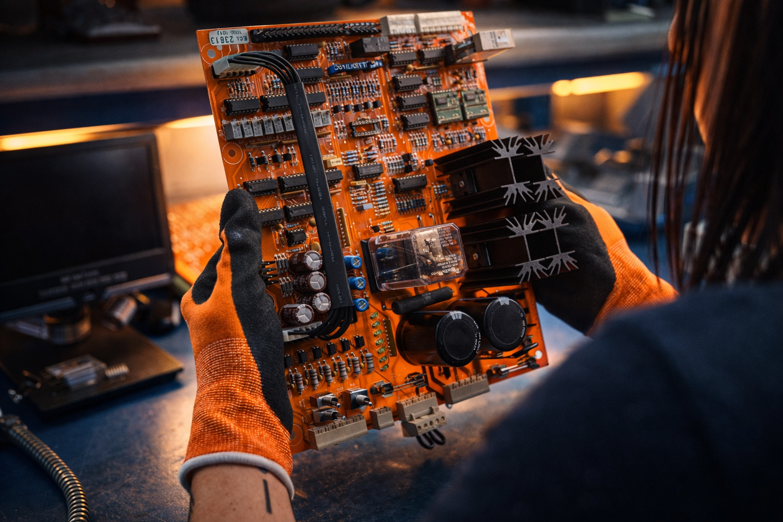 Persona con guantes de trabajo sosteniendo una tarjeta de circuitos electrónicos con componentes y conexiones en un taller.}