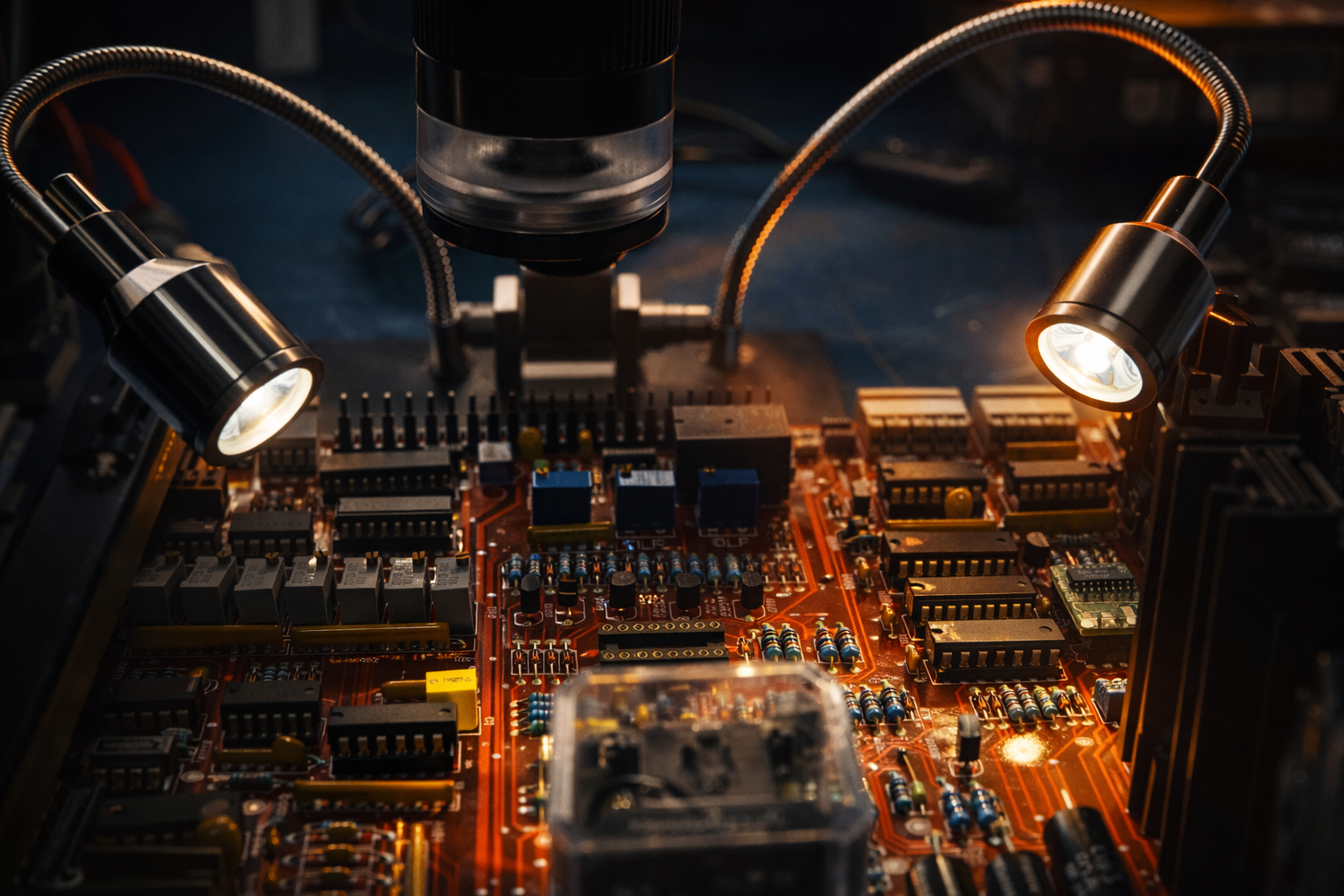 Plano de una tarjeta madre de computadora con focos de luz iluminándola.