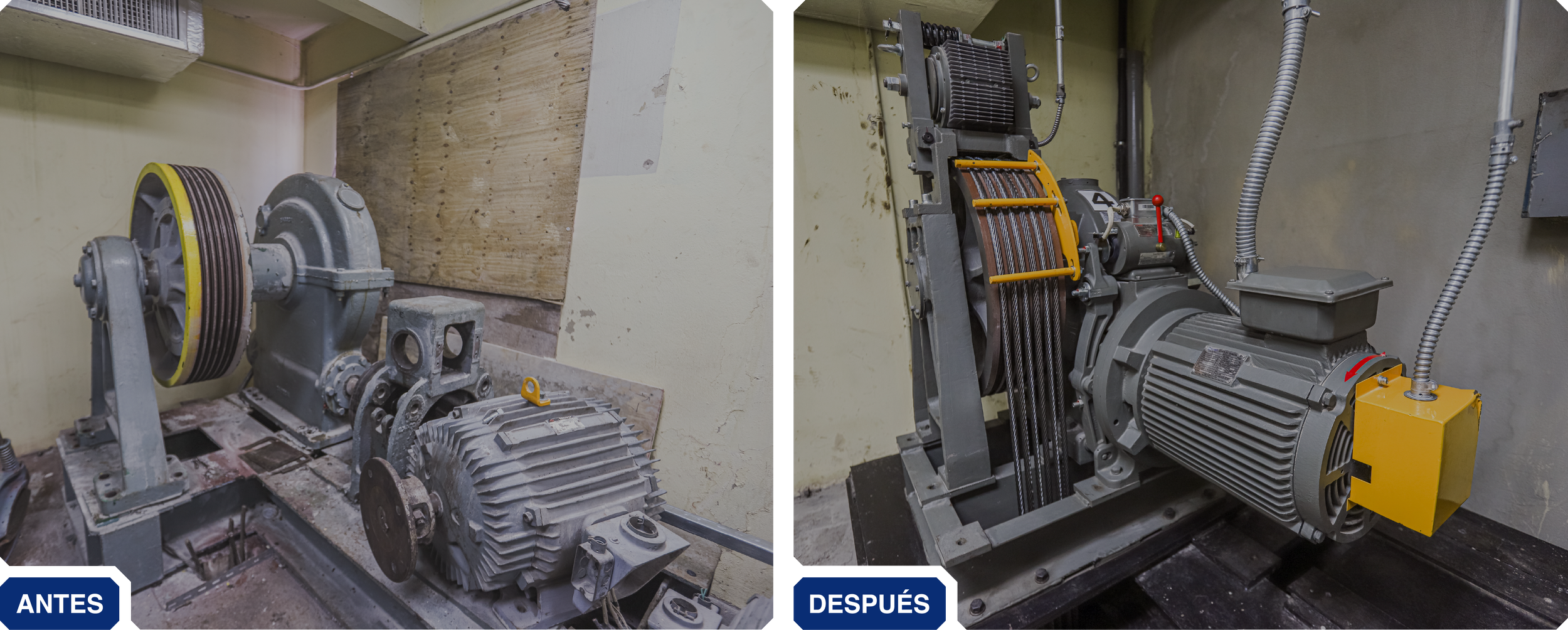 Comparación de una máquina antes y después de una reparación o modernización, mostrando una mejora significativa en su estado y componentes.