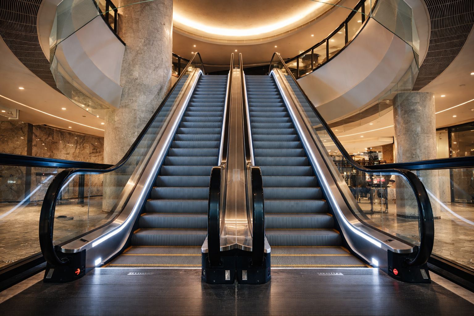 Escaleras eléctricas en un centro comercial elegante con paredes de mármol y iluminación moderna.