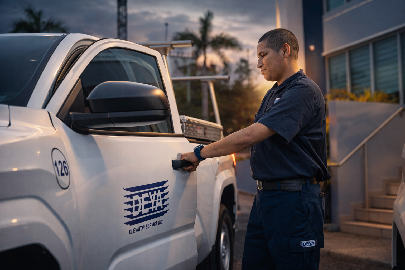 Un técnico de servicio de elevadores abre la puerta de una camioneta blanca con el logo de DEYA al atardecer.