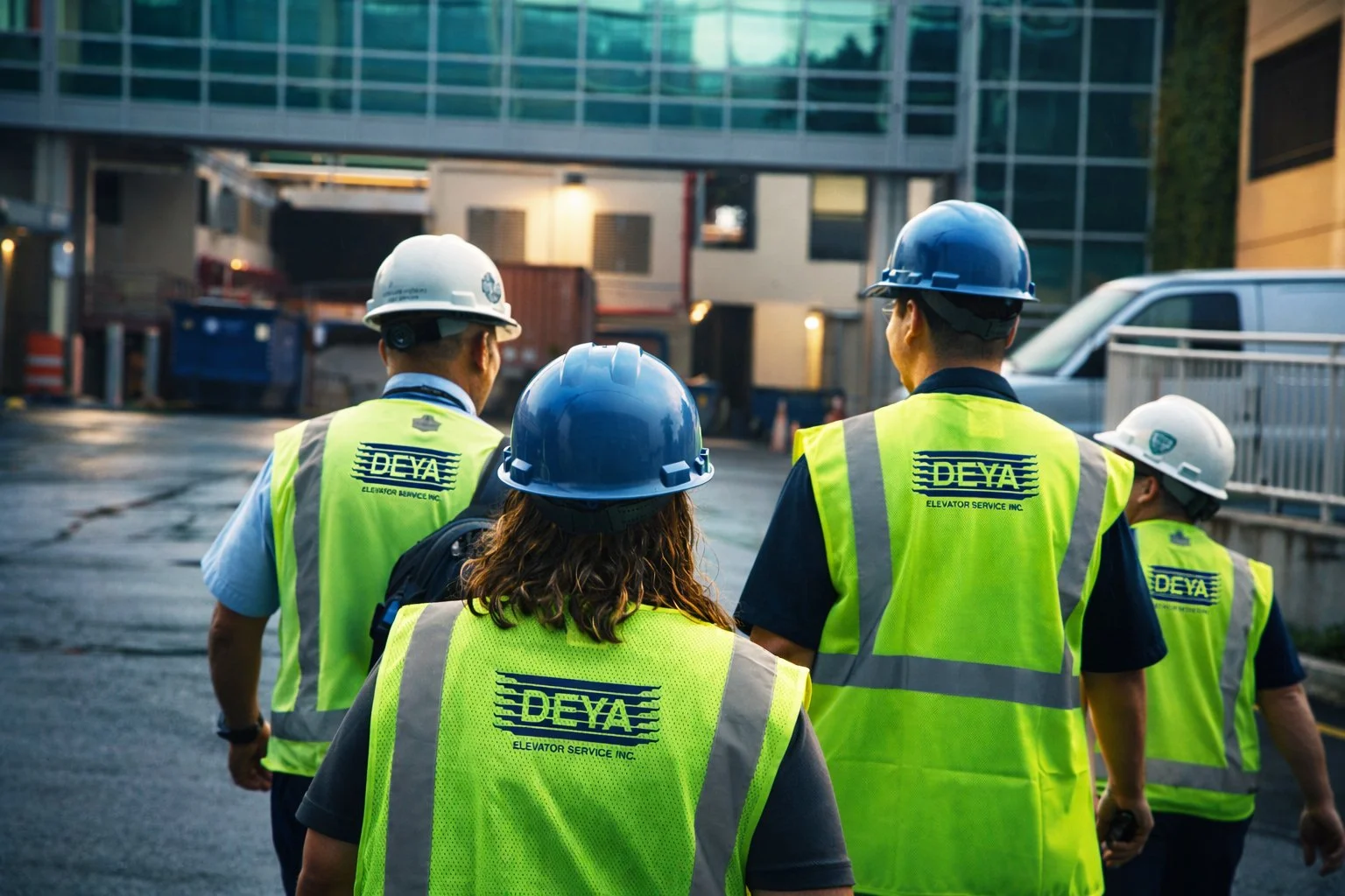 Persona con cascos y chalecos de seguridad amarillos con logotipo 'DEYA' inspeccionan una construcción en la ciudad.