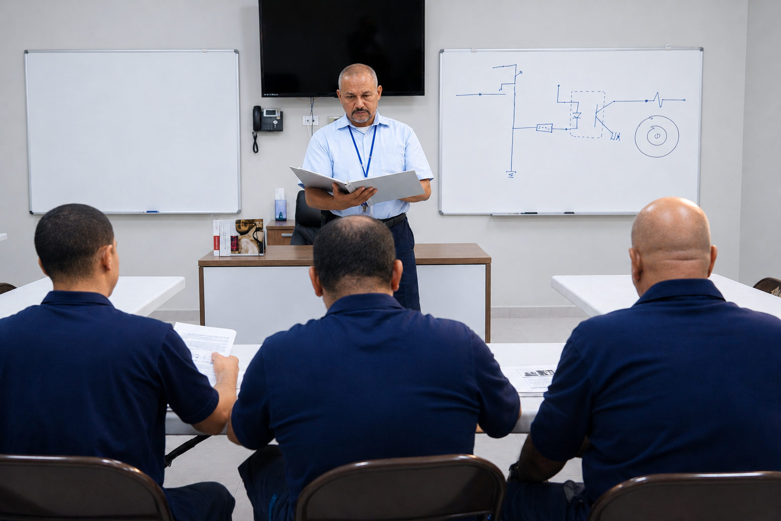 Profesor explicando un diagrama técnico a un grupo de tres hombres en una sala de clases