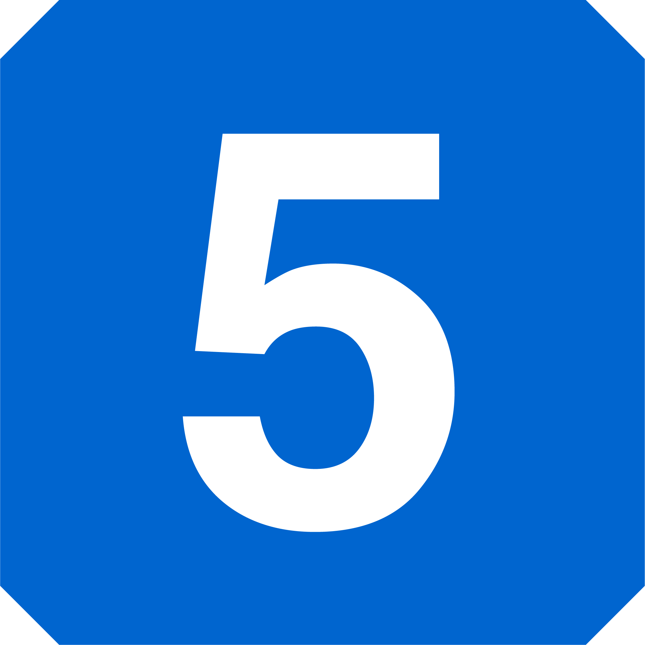 Carril de autobús con el número 5 en color blanco sobre fondo azul