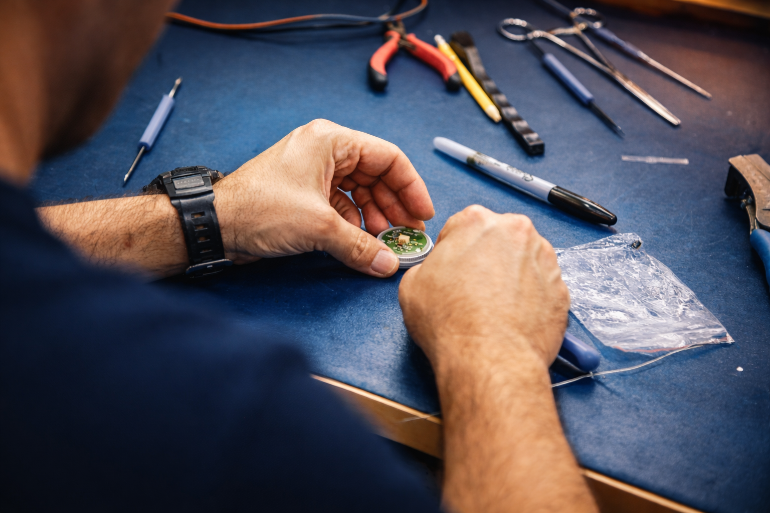 Persona arreglando un reloj en un taller con herramientas distribuidas en la mesa.