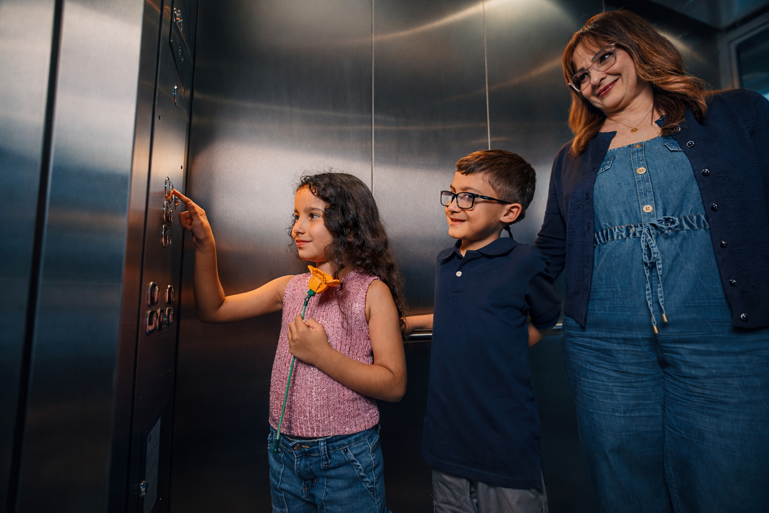 Una mujer y dos niños en un ascensor, la niña presionando el botón de piso, en un ambiente interior moderno.