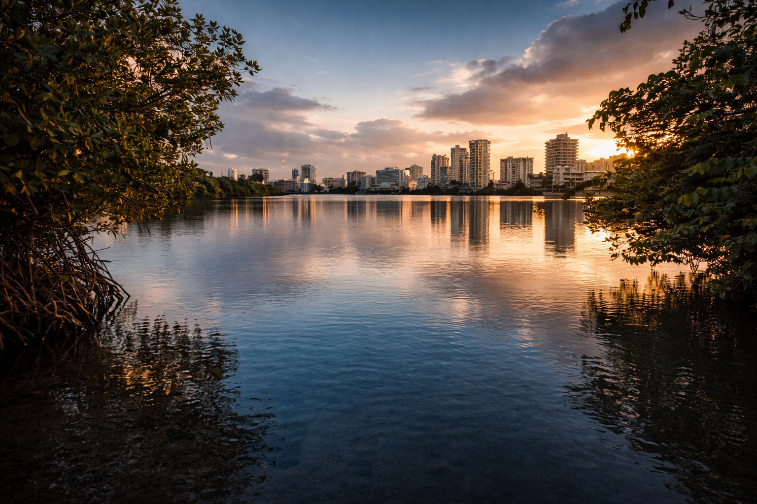 Atardecer sobre un río con ciudad moderna al fondo, árboles a los lados y reflejo del cielo y edificios en el agua.