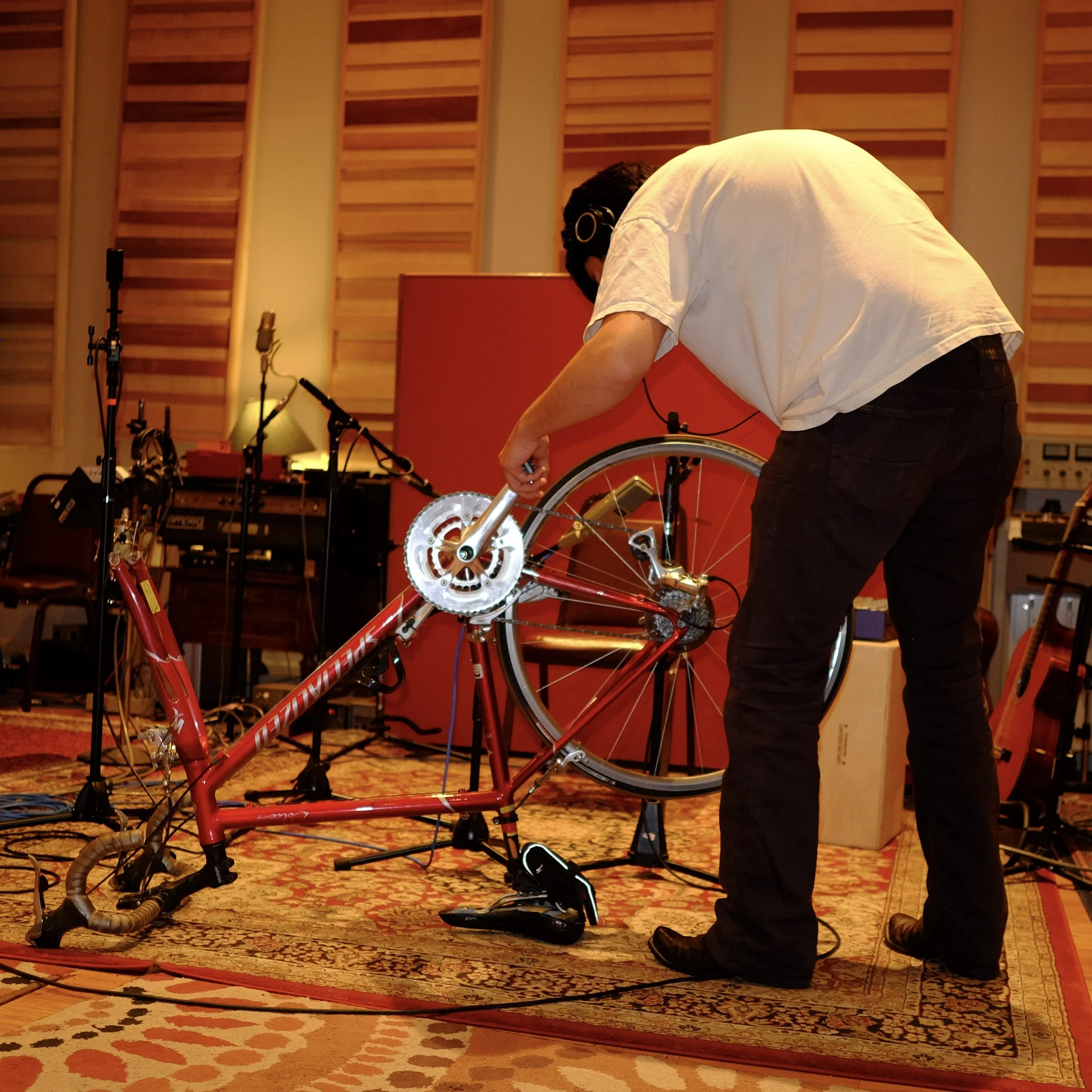 Owen Swift recording bicycle noises for 'Reflections off the Water' off Tabasco Birds debut album 'Cosmic American Music.' Photo credit to Chris Smith. Denton's premiere cosmic country band. Music available across all streaming platforms. Est. 2024.