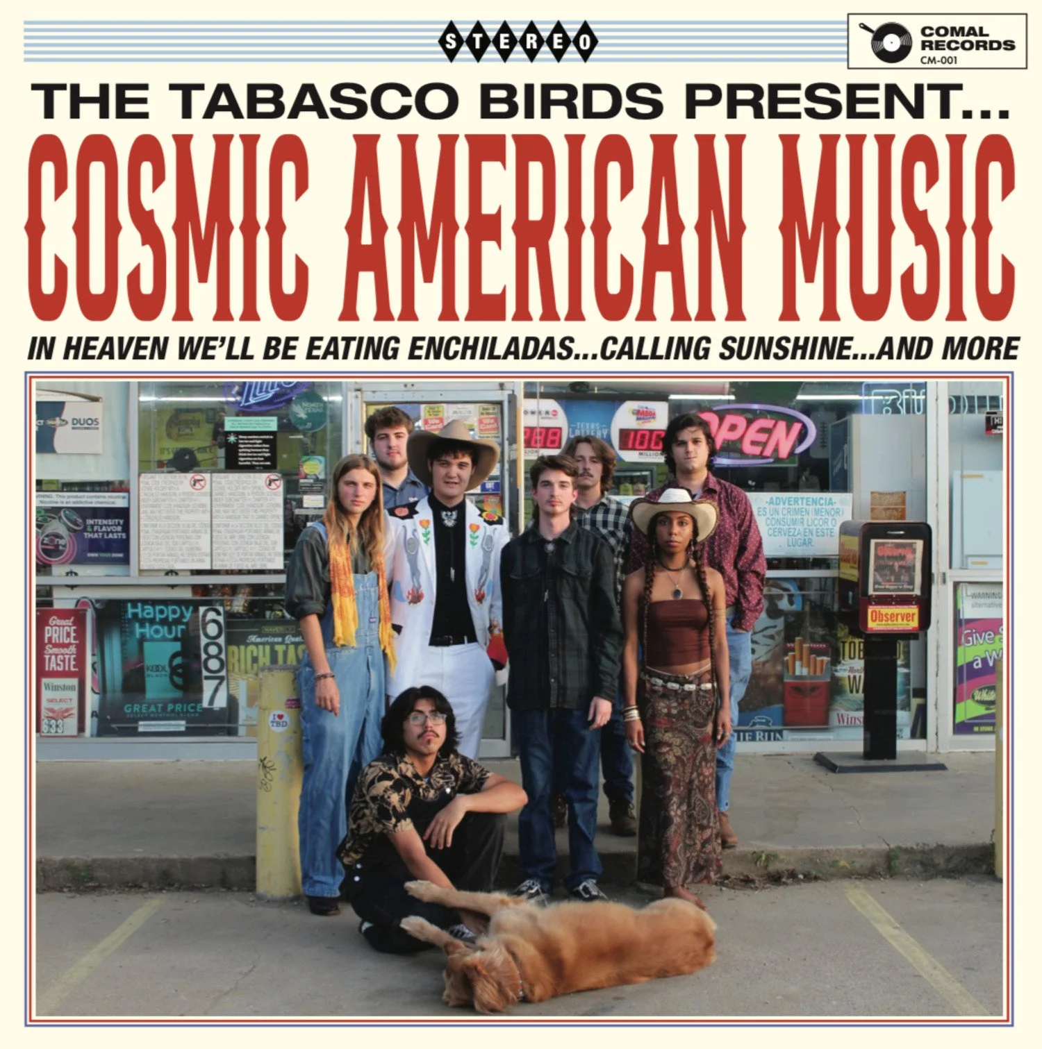 Front cover of the Tabasco Birds' debut album 'Cosmic American Music' | Denton's premiere cosmic country band. Music available across all streaming platforms. LPs/CDs. Flying since 2024!