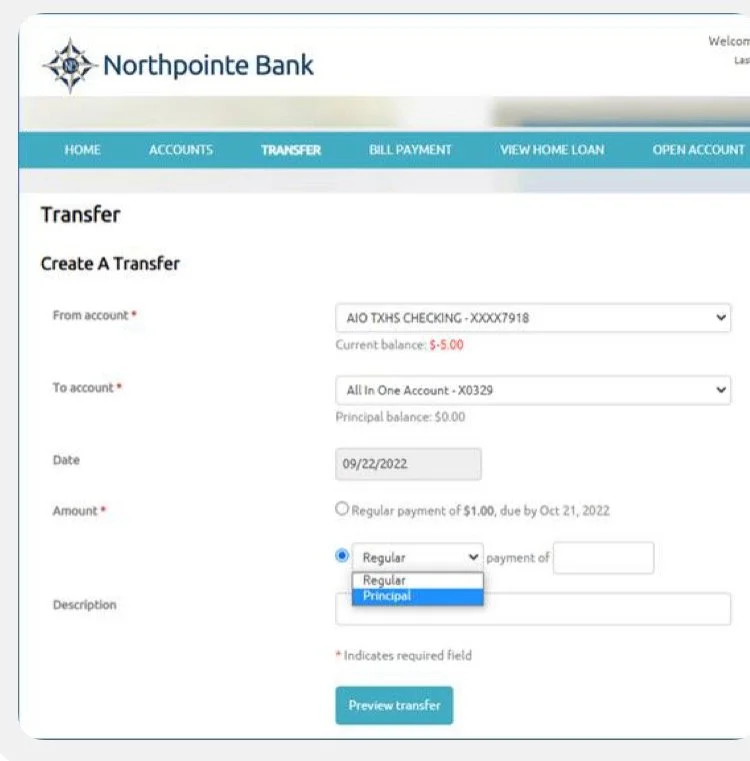 Screenshot of Northpointe Bank online transfer page showing options to create a money transfer between accounts, including fields for from account, to account, date, amount, and description.