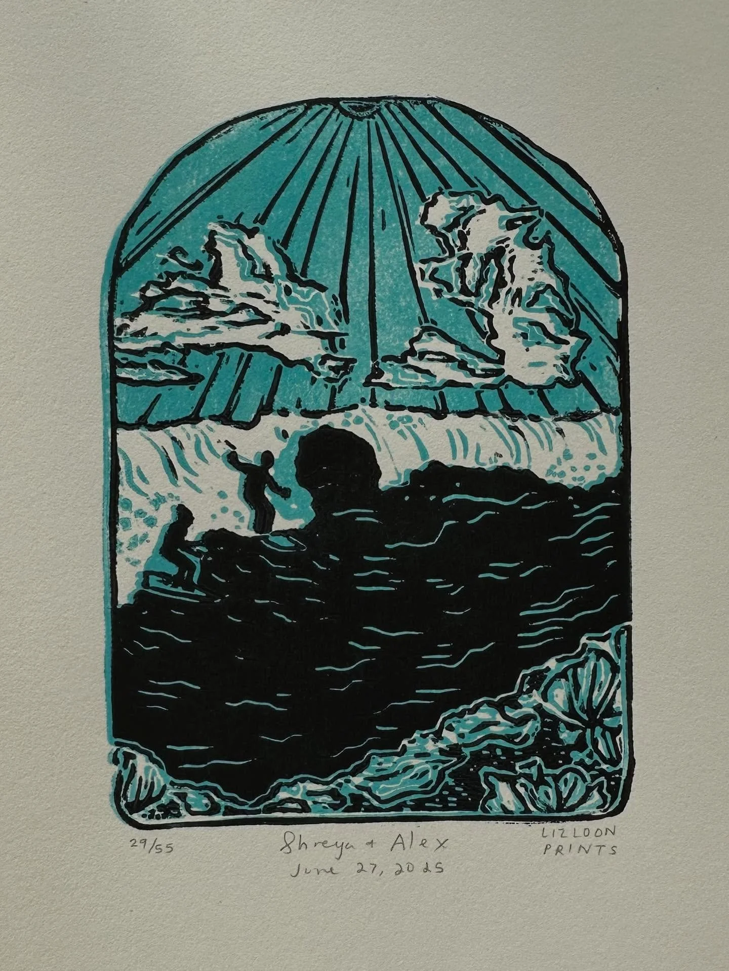 Congratulations @shreyodo &amp; @alex_beltrol !!!!! I&rsquo;m so honored to share this print in celebration of the union of two incredible people.
.
.
.
.
.
.
.
.
.
.
.
#printmaking #linocut #reductionprint #blockprint