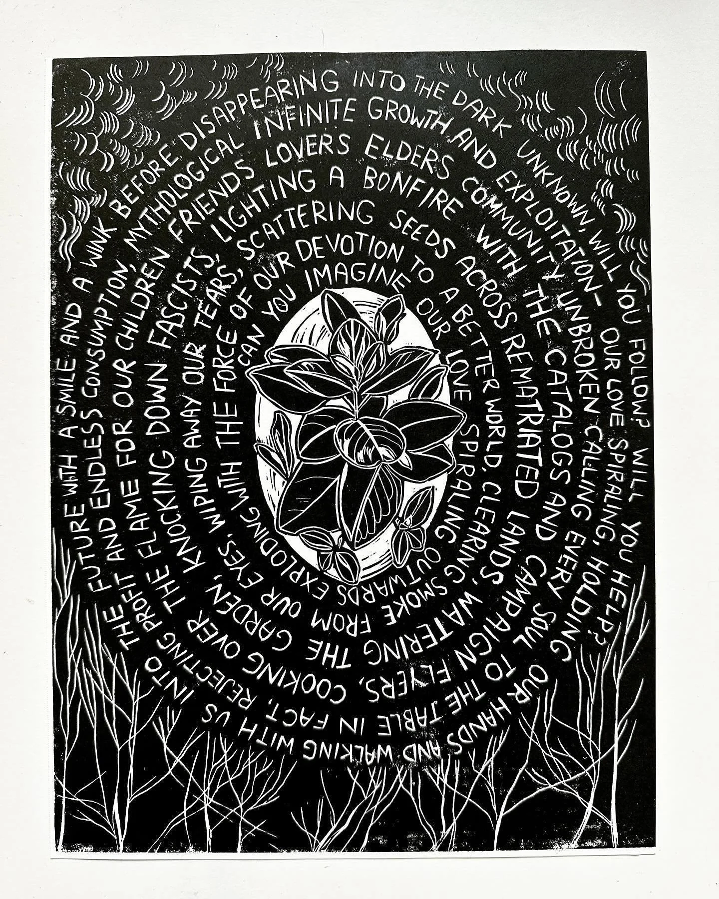 Can you imagine our love spiraling outwards, exploding with the force of our devotion to a better world, clearing smoke from our eyes, wiping away our tears, scattering seeds across rematriated lands, watering the garden, knocking down fascists, ligh