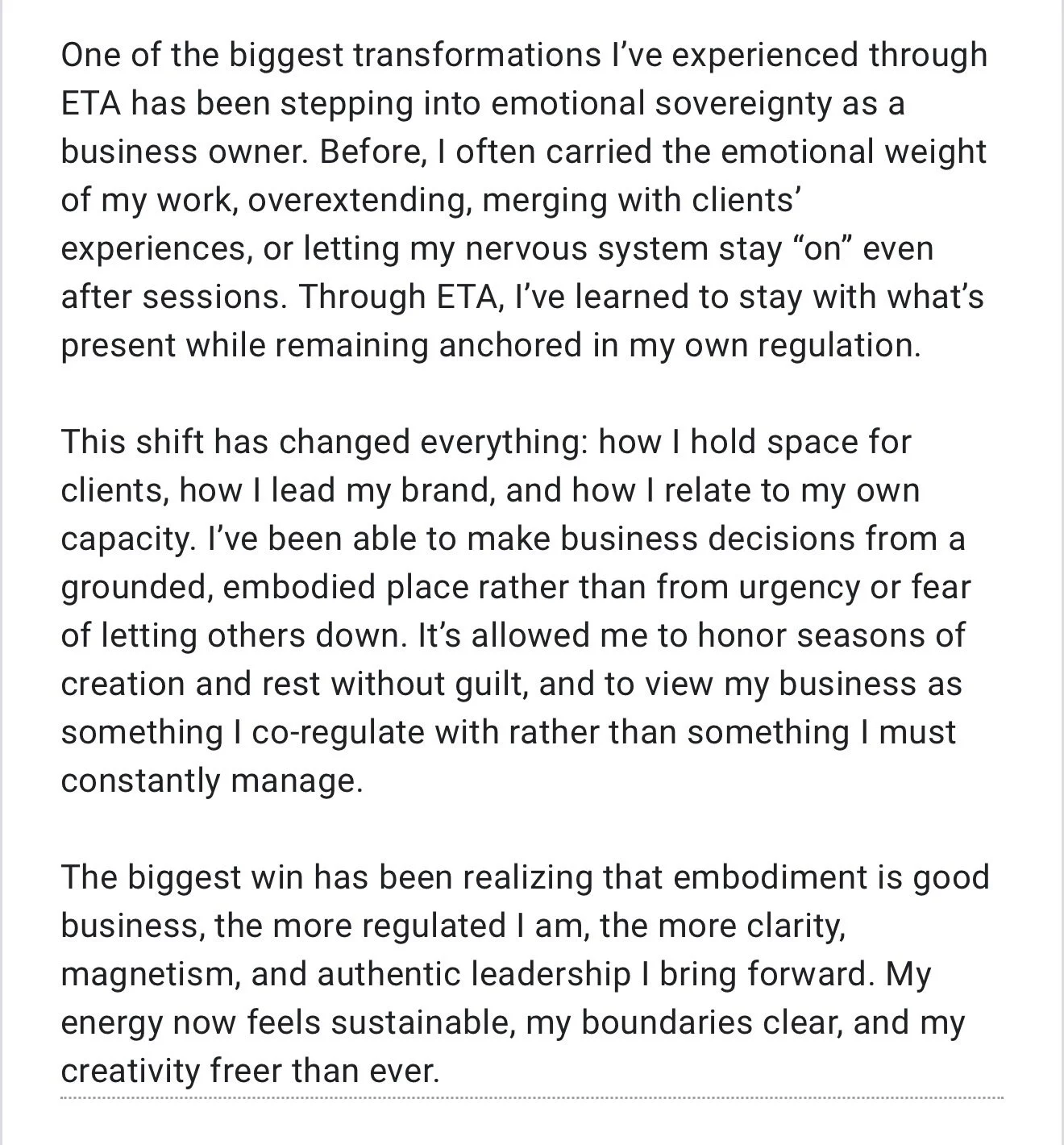 High-resolution photograph of a printed page containing a lengthy text about emotional sovereignty and personal growth, discussing experiences with emotional weight, brand leadership, and embodiment as a business owner.