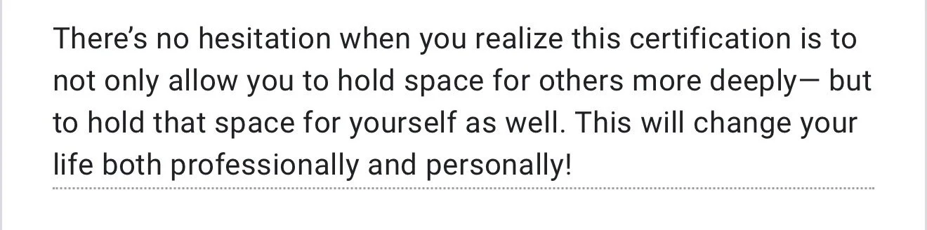 Text about the importance of holding space for others and oneself, emphasizing personal and professional growth.