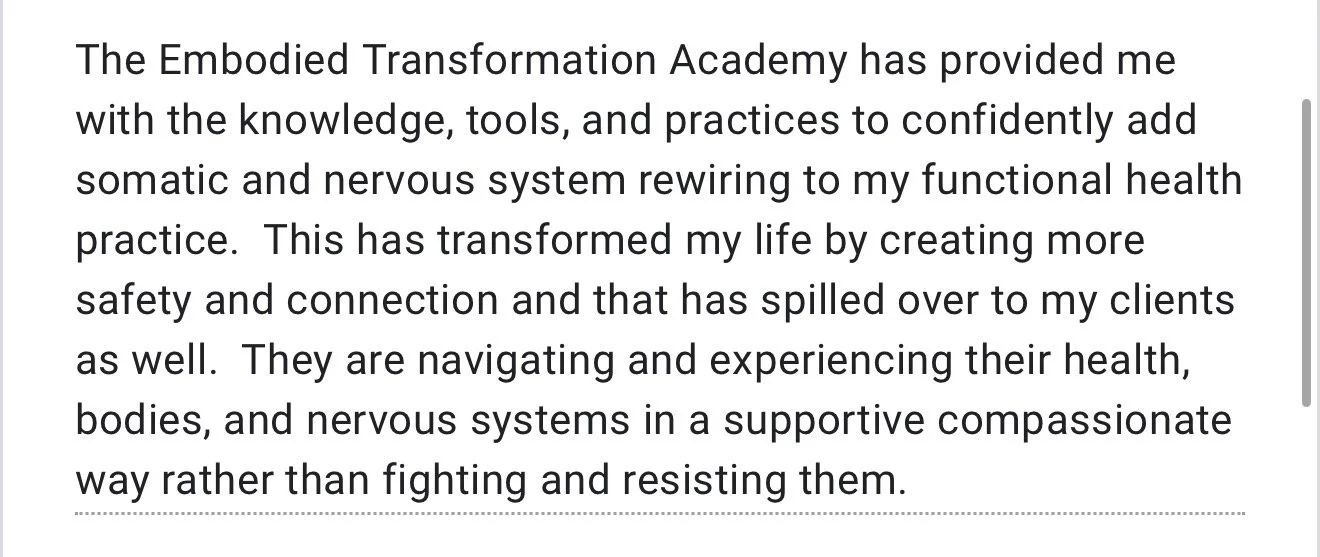 A screenshot of a text discussing the Embodied Transformation Academy and its benefits for health, safety, and nervous system rewiring.