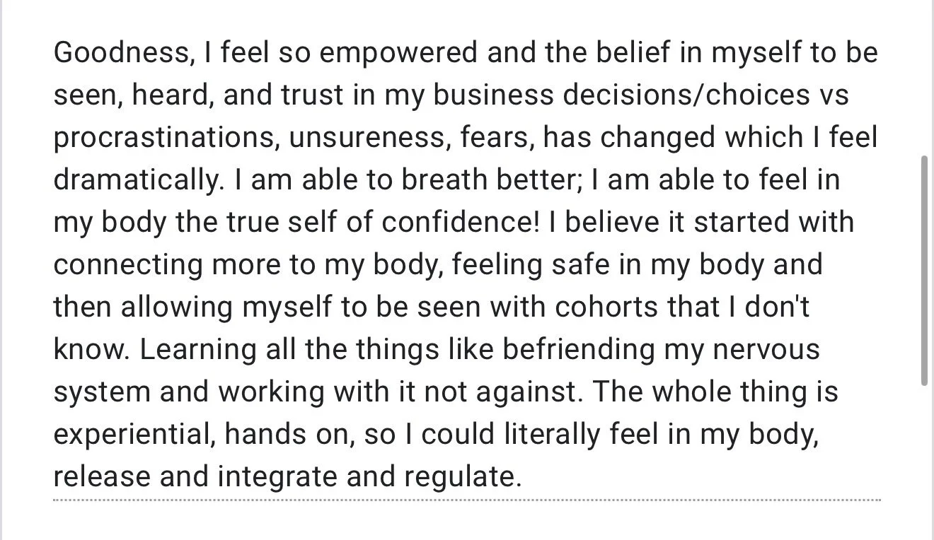 Text excerpt: The quote discusses feeling empowered, trusting oneself in business, and connecting more with one's body through experiential learning and hands-on methods.