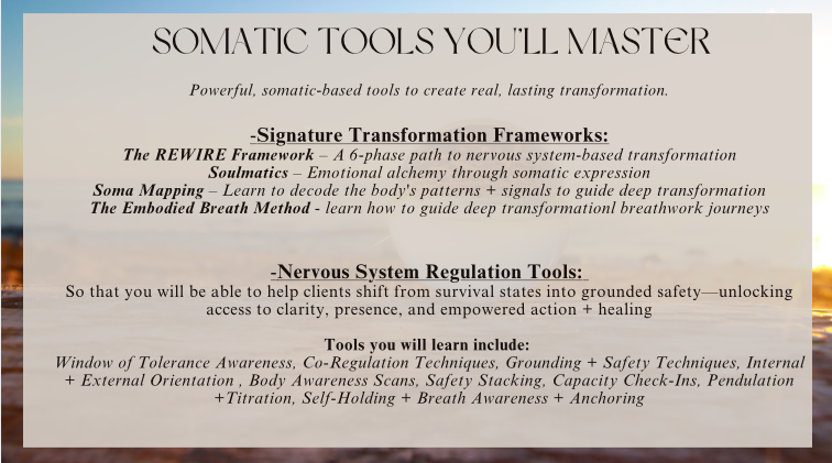Text-based informational graphic about somatic tools and nervous system regulation tools, including frameworks and techniques for transformation, awareness, and healing.