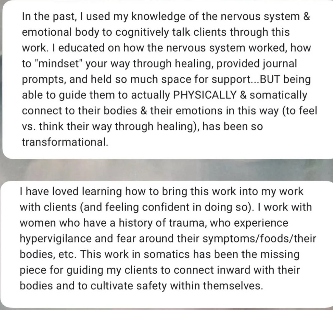 Text excerpt discussing the use of nervous system and emotional body knowledge in helping clients, emphasizing physical and somatic connection, trauma work, and cultivating safety within oneself.